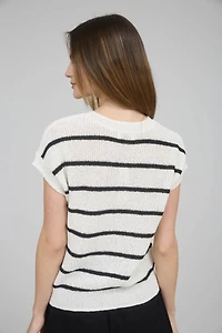 Ivory Striped Extended Shoulder Short Sleeve Sweater
