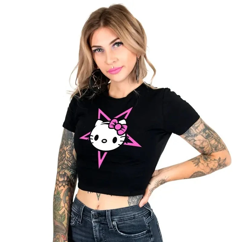 Hello Satan Kitty Crop Baby Tee