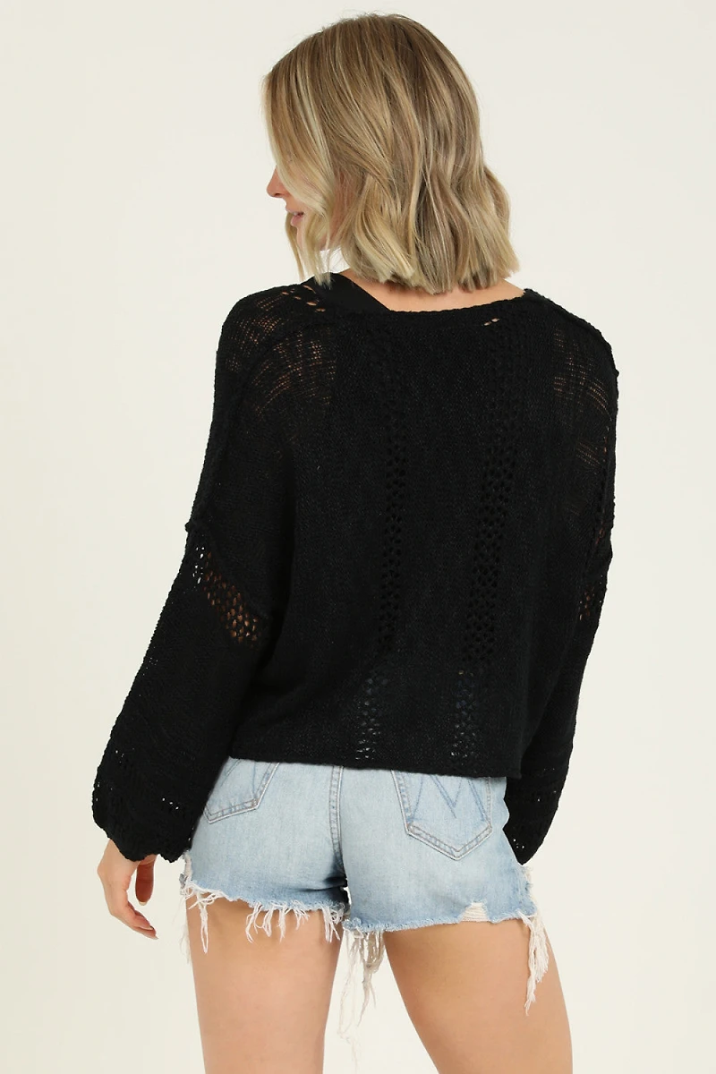 Black V Neck Long Sleeve Pullover
