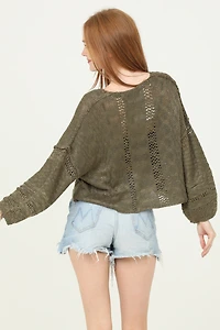 Olive V Neck Long Sleeve Pullover