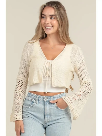 Flare Sleeve Tie Front Crop Cardigan Sweater