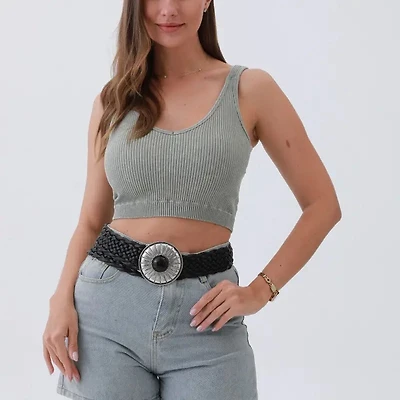 Wide Belt – Stone-Embedded Round Buckle