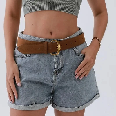 Camel Modern Suede Belt – Gold Circle Buckle