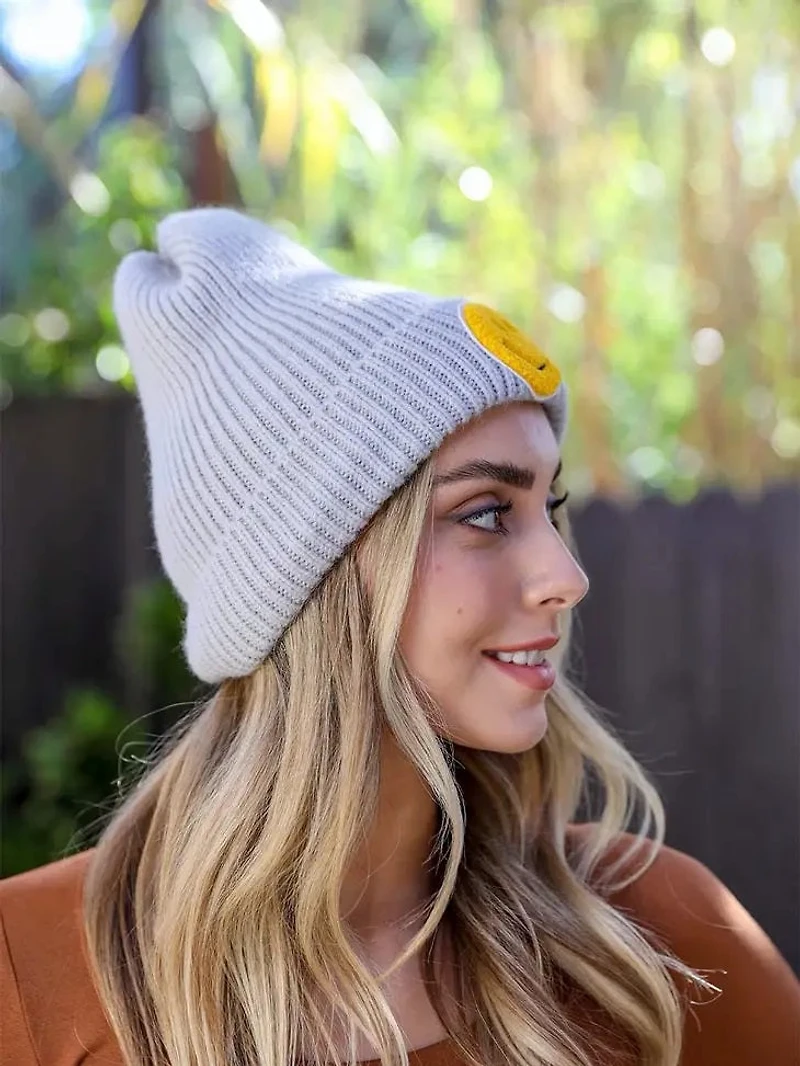Grey Smiley Face Ribbed Beanie