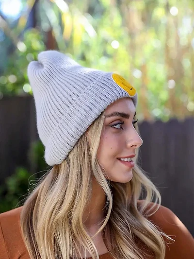 Grey Smiley Face Ribbed Beanie
