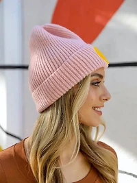 Smiley Face Ribbed Beanie Pink