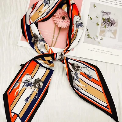 Artistic Horse & Geometric Printed Satin Silky Skinny Scarf