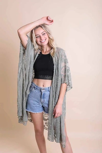 Floral Embroidered Mesh Robe Sage