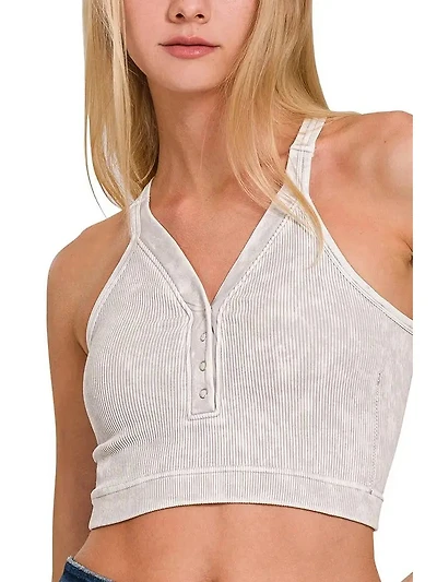 Ribbed Front Button V Neck Tank Top
