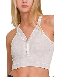 Ribbed Front Button V Neck Tank Top