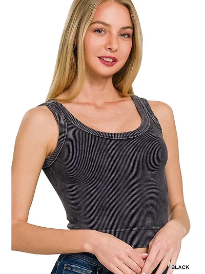 Washed Ribbed Cropped Seamless Scoop Neck Tank Top