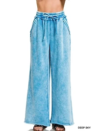 Acid Wash Fleece Palazzo Sweatpants with Pockets