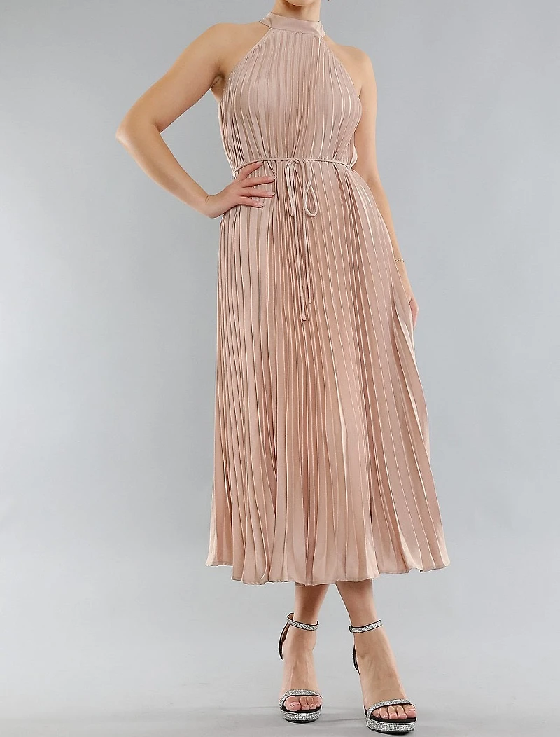 Pleated Waist Belt Mock Neck Midi Dress