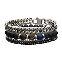 Pulsera apilable de cadena barbada de cuero, piedra y acero inoxidable