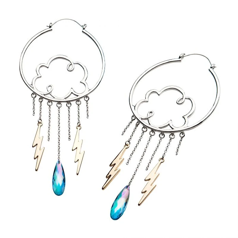 Stainless Steel with Silver Plated Clouds and Gold Plated Dangling Lightning Bolt Plug Hangers