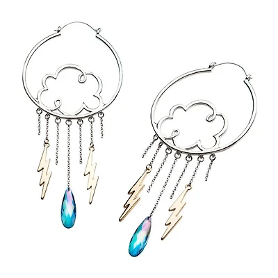 Stainless Steel with Silver Plated Clouds and Gold Plated Dangling Lightning Bolt Plug Hangers