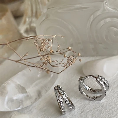Chariklo Double Layer Rhinestone Silver Sleeper Earrings