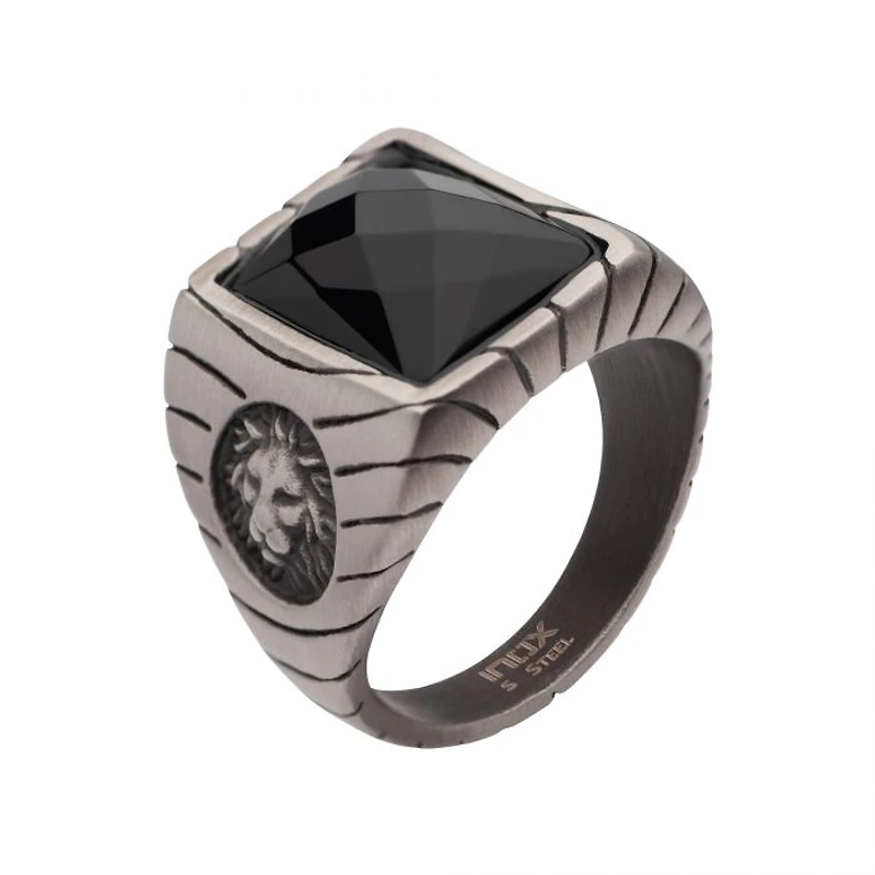 Anillo De Acero León/Ágata Negra Talla