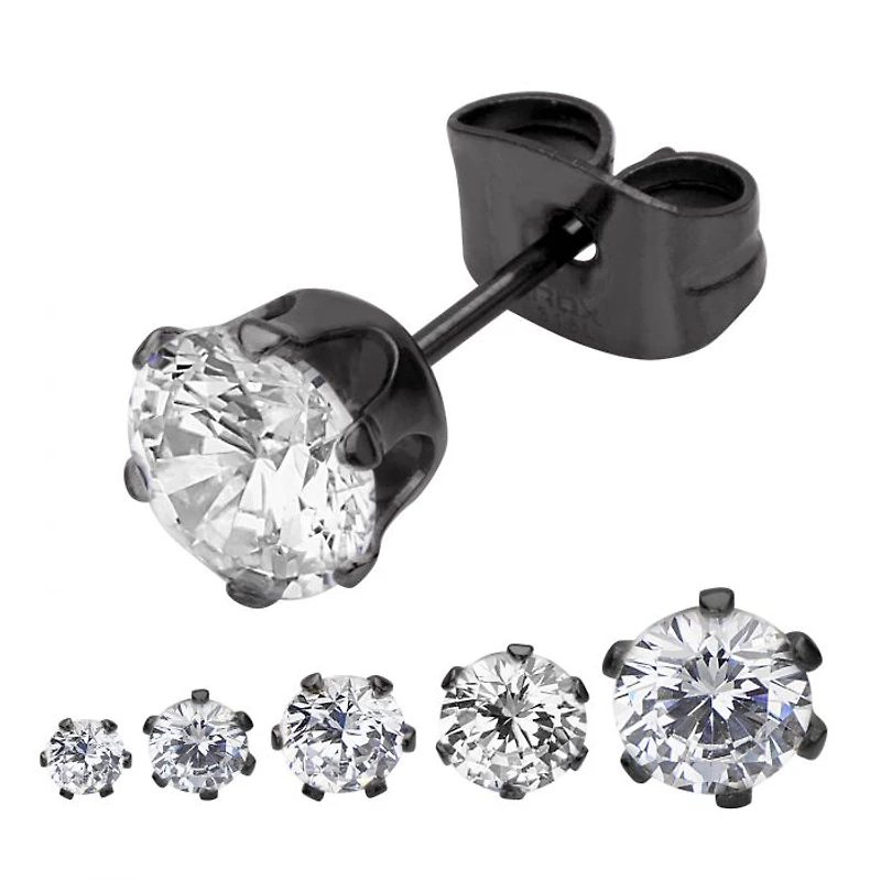 Black Plated Steel With 5mm Clear CZ Stud Earring