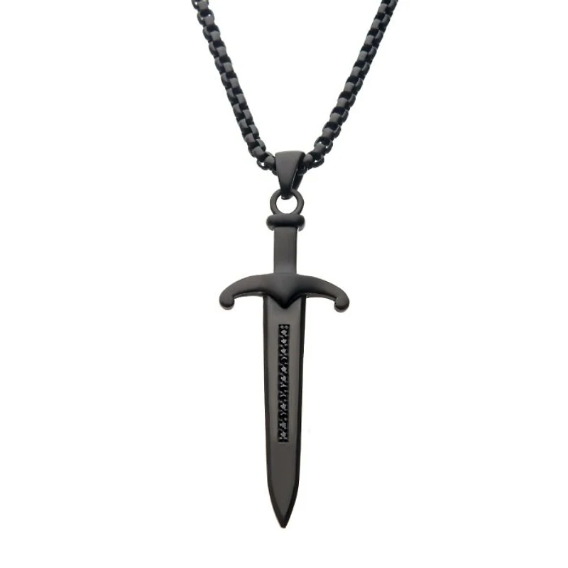 Steel Black IP Sword Pendant with Black Bold Box Chain