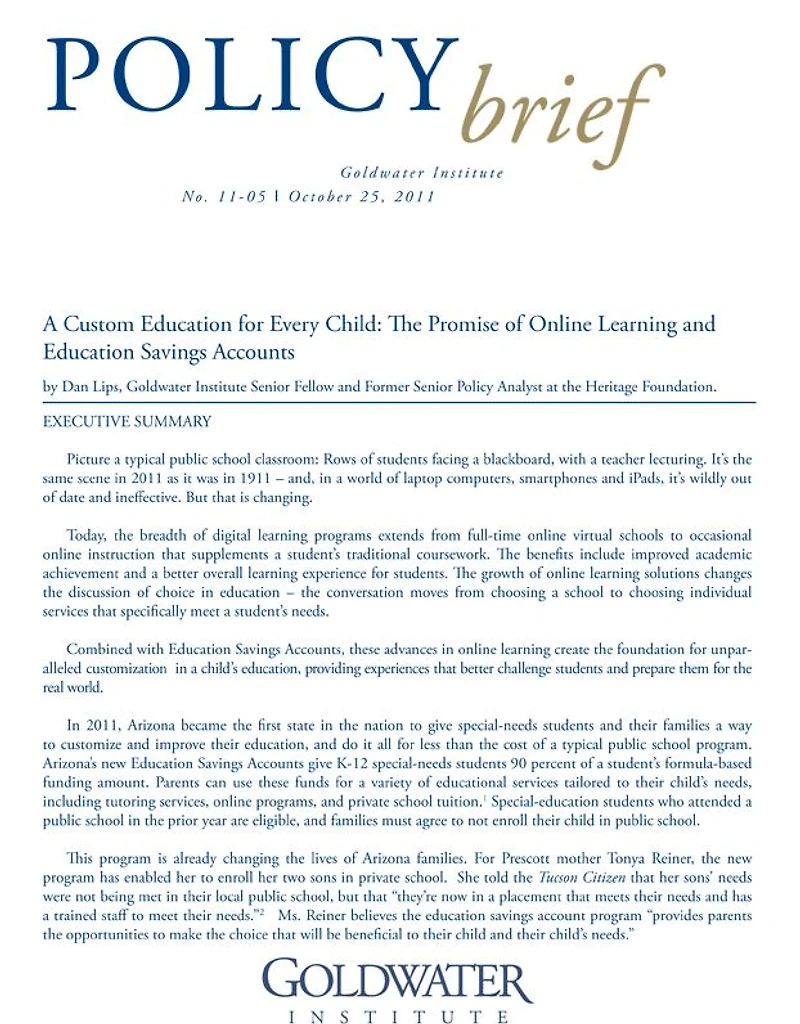 A Custom Education for Every Child: The Promise of Online Learning and Education Savings Accounts