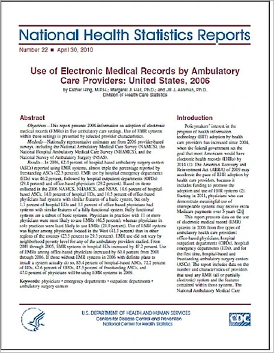 Use of Electronic Medical Records by Ambulatory Care Providers: United States, 2006