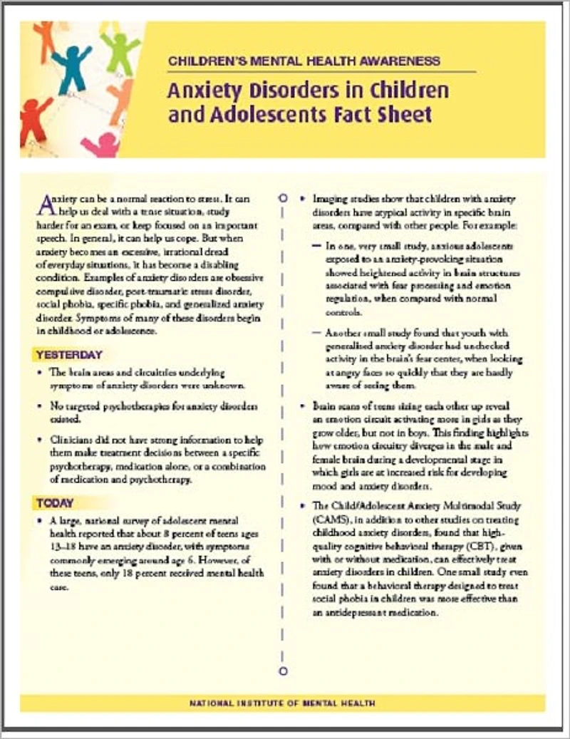 Children's Health and Mental Illness: Anxiety Disorders in Children and Adolescents Fact Sheet