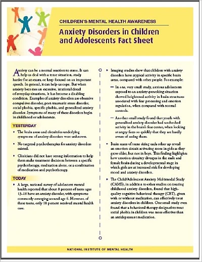 Children's Health and Mental Illness: Anxiety Disorders in Children and Adolescents Fact Sheet