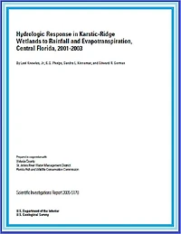Hydrologic Response in Karstic-Ridge Wetlands to Rainfall and Evapotranspiration, Central Florida, 2001-2003