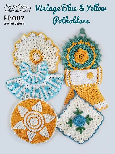 PB082-R Vintage Blue & Yellow Potholders Crochet Pattern