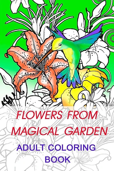 flowers from magical garden: Stress Relief Coloring Book. This coloring book for adults contains swirls style illustrations representing floral compositions.