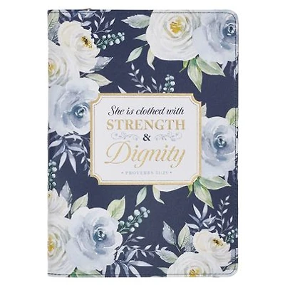 Christian Art Gifts Blue Vegan Leather Zipped Journal, Inspirational Women's Notebook Floral Strength & Dignity Scripture, Flexible Cover, 336 Ruled Pages, Ribbon Bookmark, Proverbs 31:25 Bible Verse