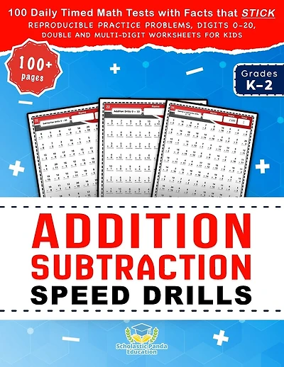 Addition Subtraction Speed Drills: 100 Daily Timed Math Tests with Facts that Stick, Reproducible Practice Problems, Digits 0-20, Double and Multi-Digit Worksheets for Kids in Grades K-2