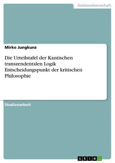 Die Urteilstafel der Kantischen transzendentalen Logik Entscheidungspunkt der kritischen Philosophie