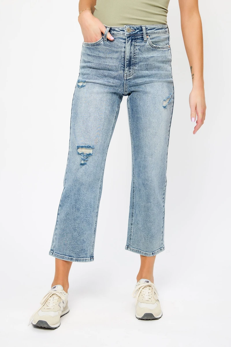 YMI Distressed Mid-Wash High-Rise Cropped Jean