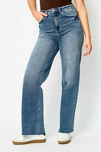 Tattoo Frayed-Hem Mid-Wash High-Rise Straight Jean