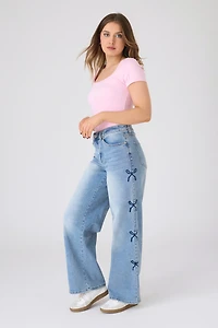 Almost Famous Medium Wash "Ultra 90's" Wide-Leg Jean with Bow Embroidery
