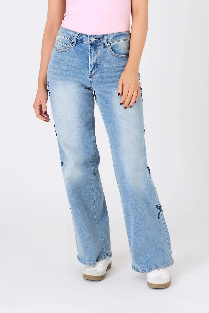 Almost Famous Medium Wash "Ultra 90's" Wide-Leg Jean with Bow Embroidery