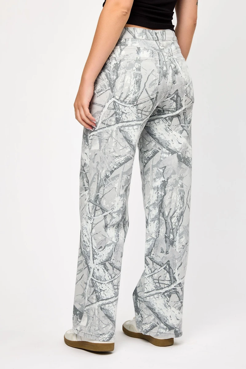 Tattoo Camo Low-Rise Wide-Leg Denim Pant