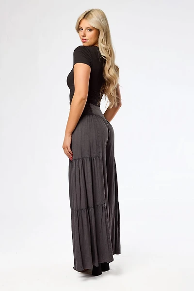 Acid Wash Denim Tiered Wideleg Pant