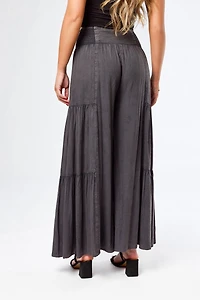 Acid Wash Denim Tiered Wideleg Pant