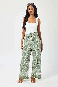Border Print Palazzo Pant with Tie-Belt