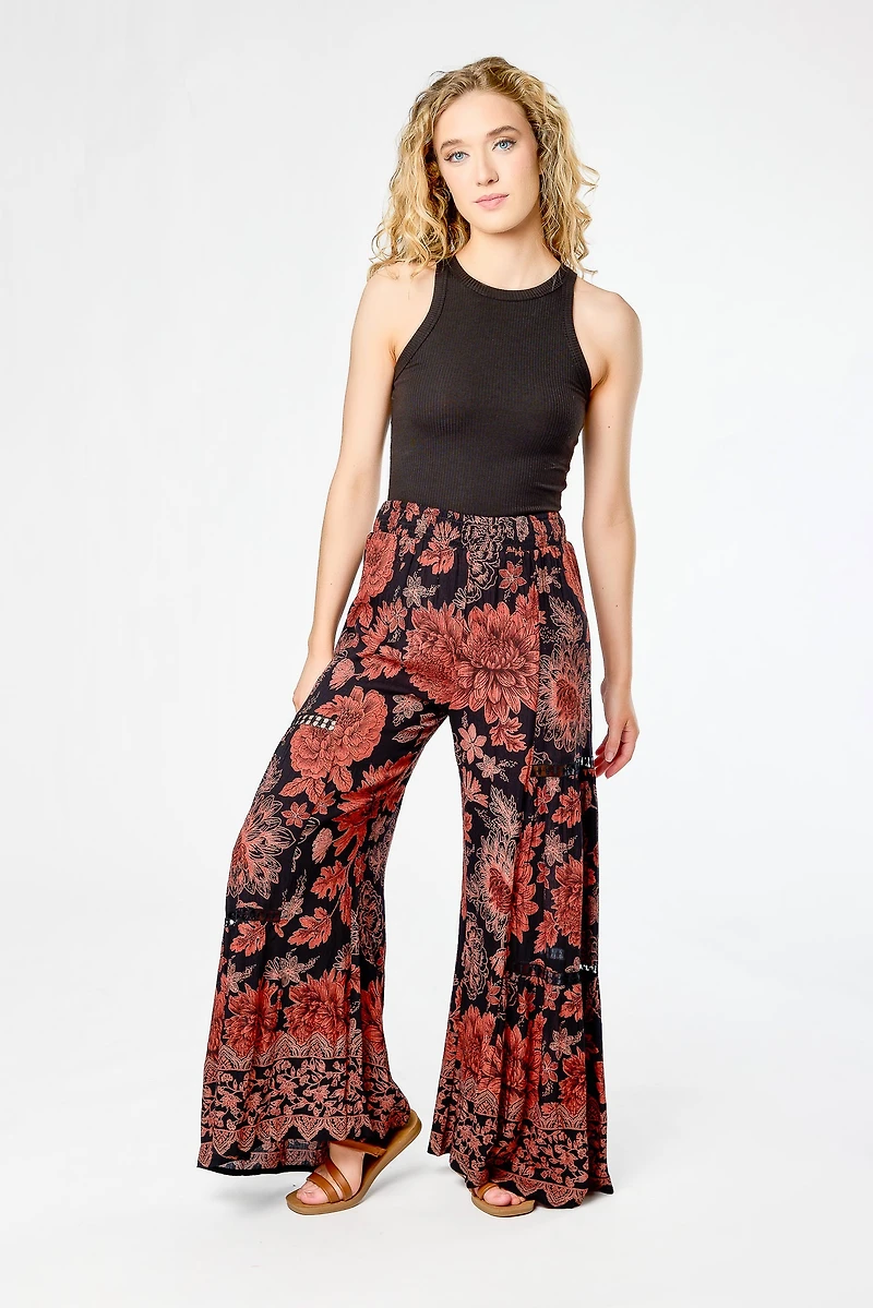 Boho Floral Tiered Wide-Leg Pant with Crochet Inserts