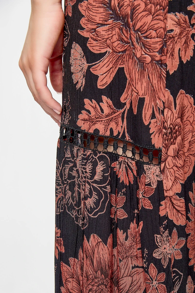 Boho Floral Tiered Wide-Leg Pant with Crochet Inserts