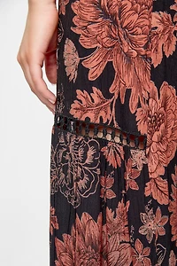 Boho Floral Tiered Wide-Leg Pant with Crochet Inserts