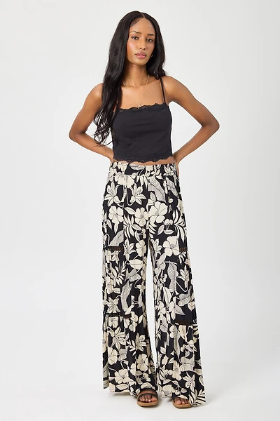 Tropical Floral Tiered Wide-Leg Pant with Crochet