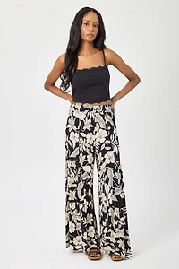 Tropical Floral Tiered Wide-Leg Pant with Crochet