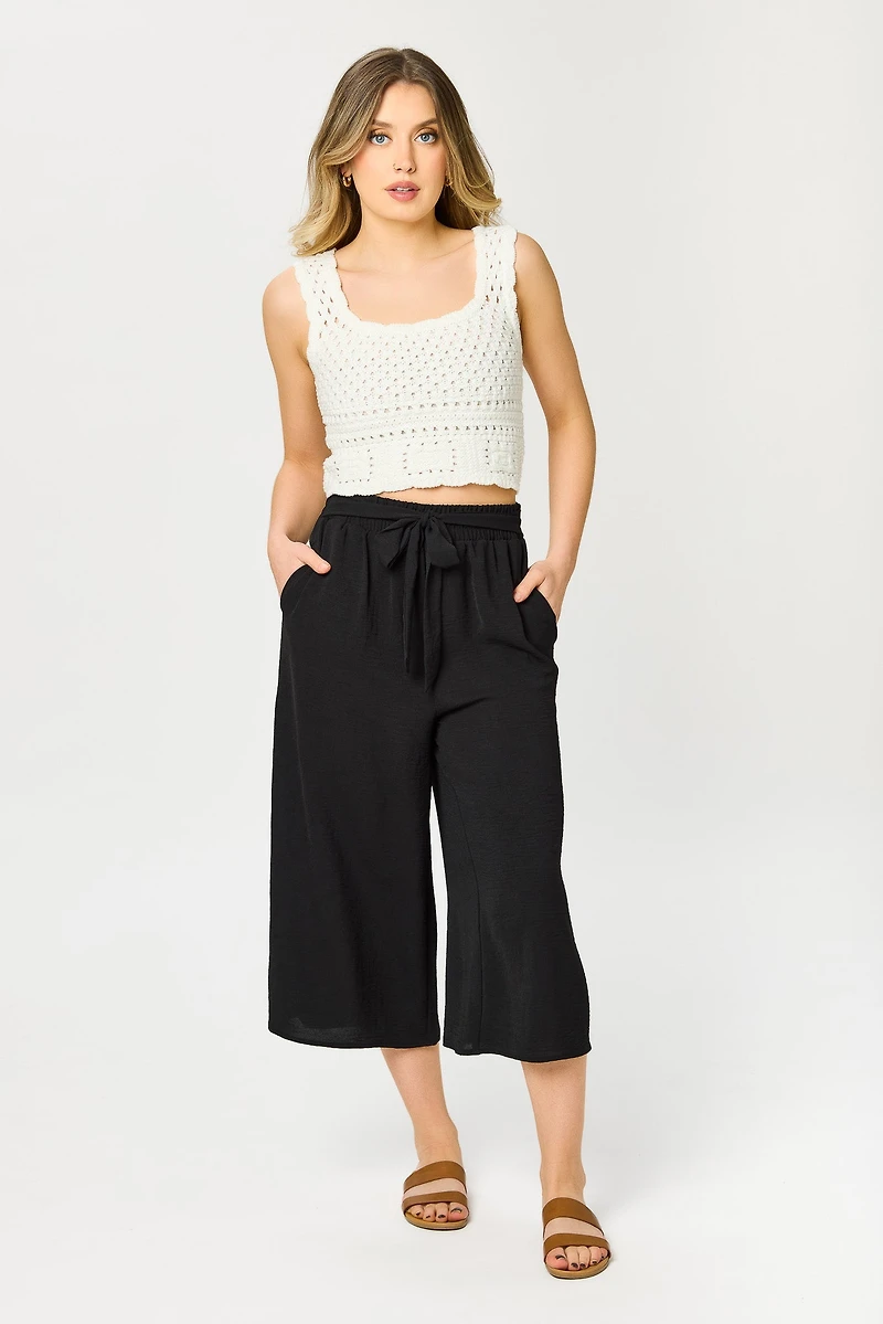Paperbag Wide-Leg Cropped Pant with Tie-Belt