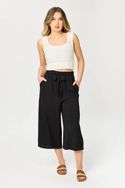 Paperbag Wide-Leg Cropped Pant with Tie-Belt