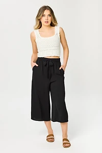 Paperbag Wide-Leg Cropped Pant with Tie-Belt